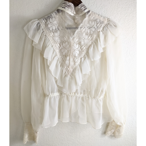 VINTAGE Lace Mesh Cottagecore Long Sleeve Blouse - Picture 4 of 6